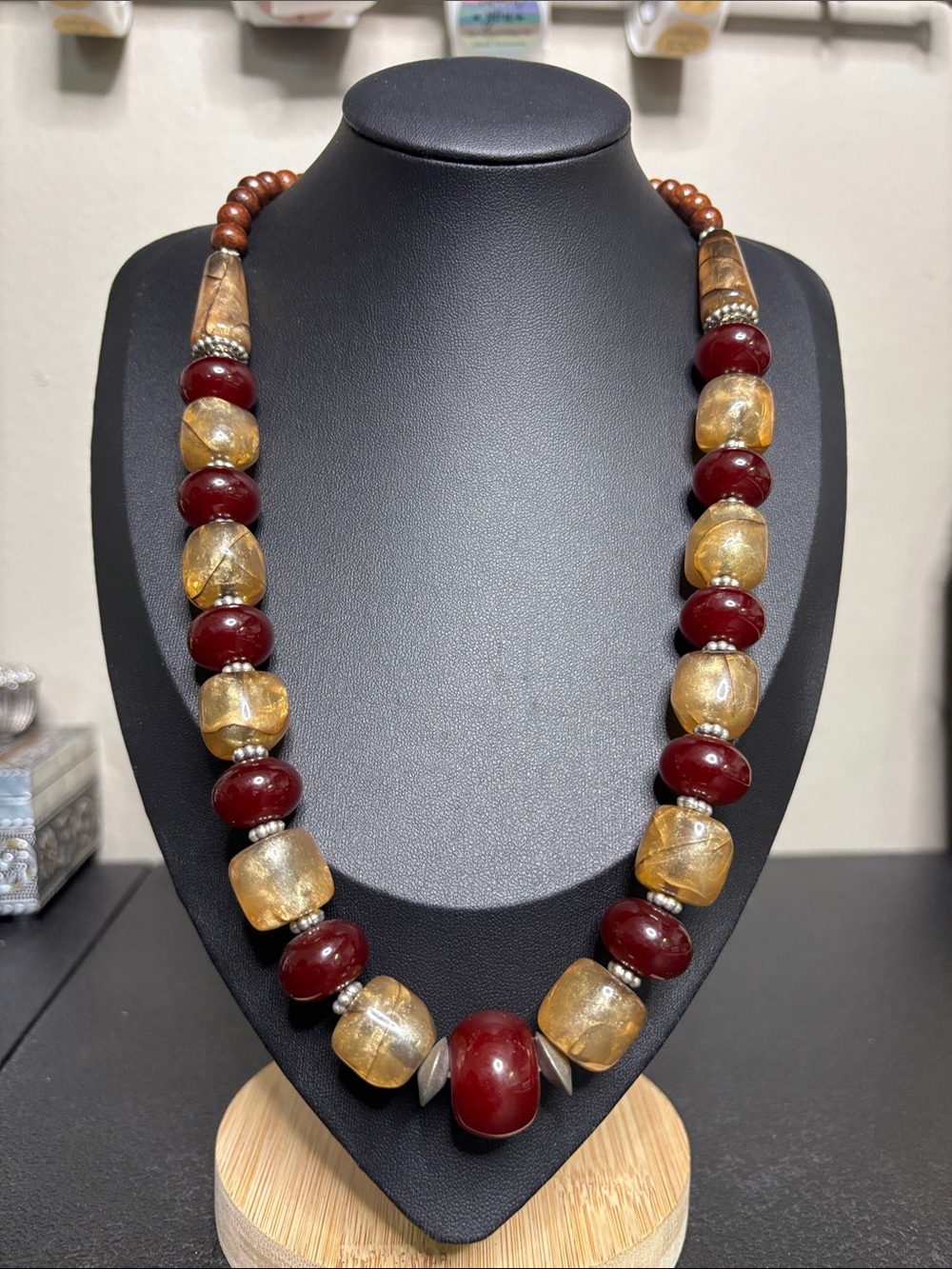 Chunky Vintage Acrylic Statement Red Gold Bead Necklace